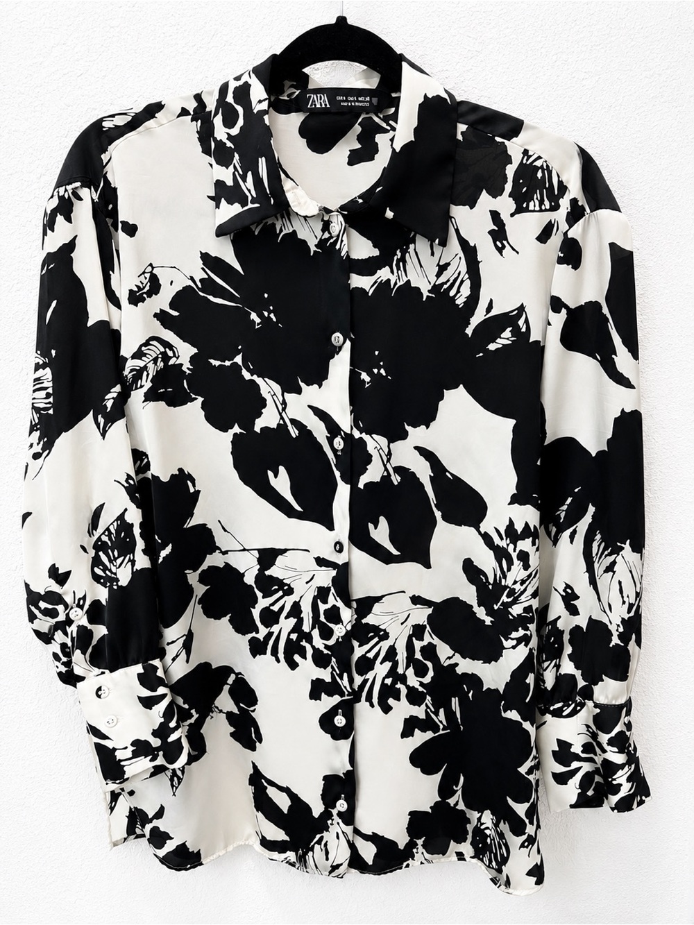 Zara women’s oversized Black White Floral Blouse button down tropical Sz(S)